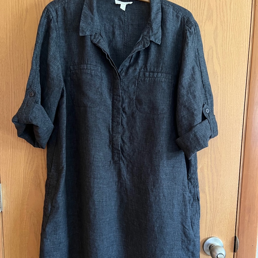 Eileen Fisher (M) Indigo Blue Organic Linen Popover Dress